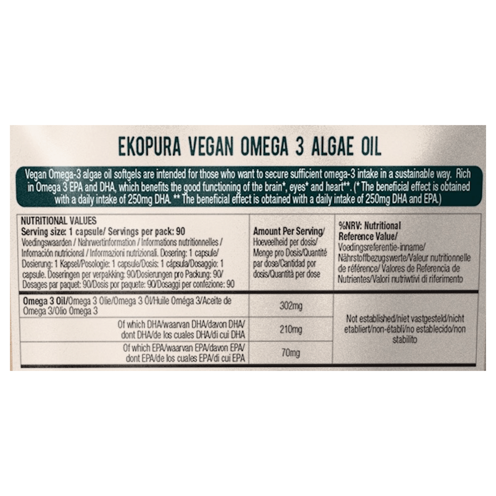 Ekopura Vegan Omega 3 DHA + EPA vowdingswaarden tabel