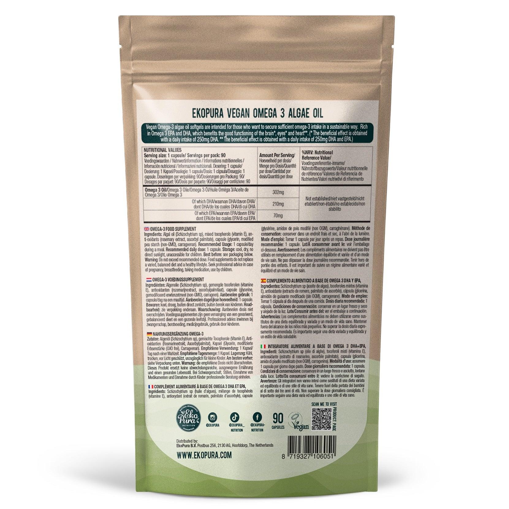 Ekopura Omega 3 Algenolie EPA + DHA productafbeelding van de achterkant, 90 dagen voorraad