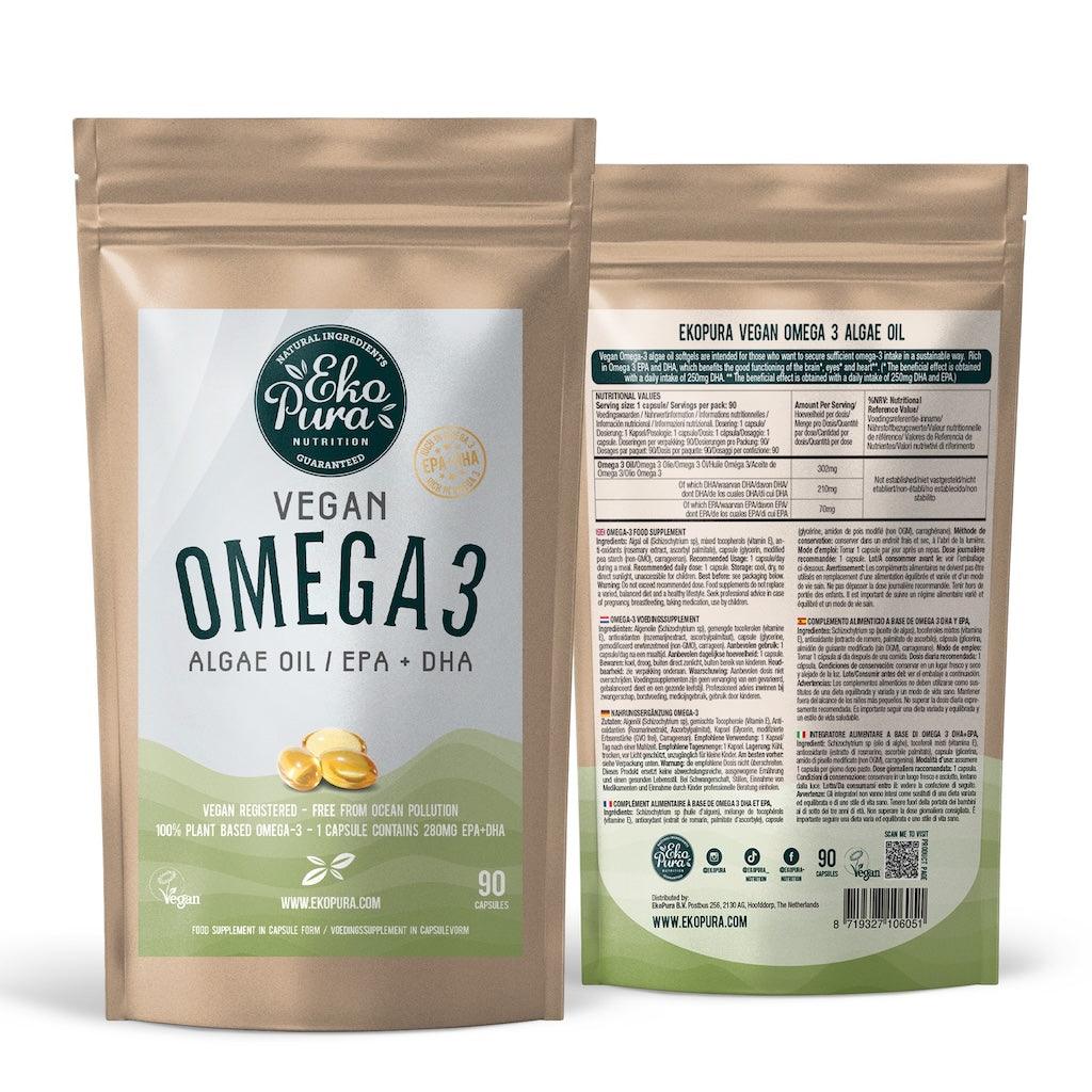 Ekopura Vegan Omega 3 Algenolie EPA + DHA productafbeelding van de voorkant en achterkant